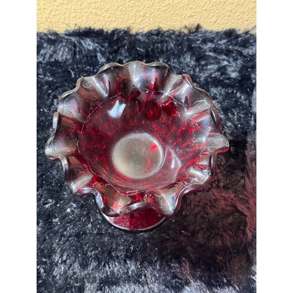 Vintage Red Glass Ruffled Edge Compote Candy Dish With Textured Base - Picture 2 of 8